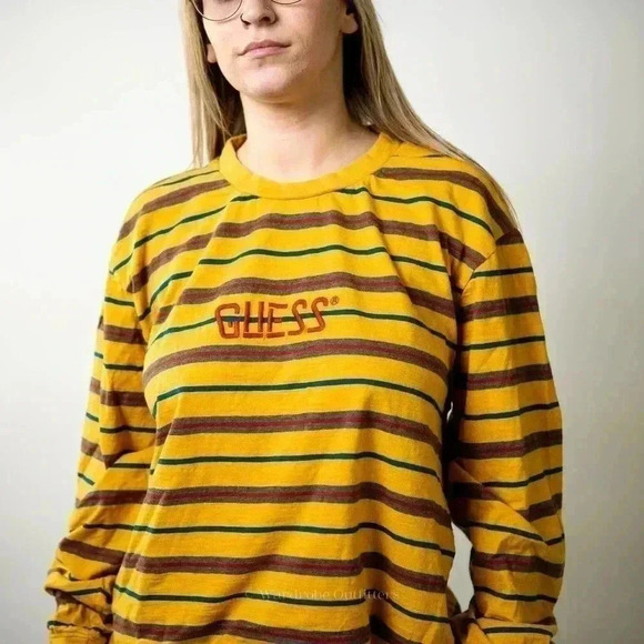 Vintage 90s GUESS Striped Long Sleeve Tee - L - Picture 6 of 7